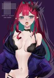 Rule 34 | 1girl, absurdres, bra, breasts, candy, choker, collar, earrings, baobhan sith (fate), fate/grand order, fate (series), food, grey eyes, highres, jacket, jewelry, large breasts, lollipop, long hair, looking at viewer, navel, open bra, open clothes, open jacket, open mouth, pointy ears, red hair, san (harutuki 3), sidelocks, simple background, solo, tiara, underwear