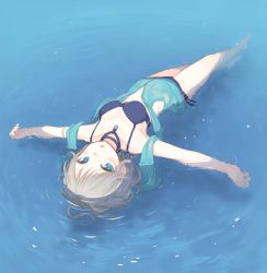 Rule 34 | 10s, 1girl, :o, afloat, anastasia (idolmaster), barefoot, bikini, blue bikini, blue eyes, blush, breasts, cleavage, gradient background, hanarito, highres, idolmaster, idolmaster cinderella girls, jewelry, looking at viewer, lying, navel, necklace, on back, open mouth, outstretched arms, partially submerged, see-through, short hair, side-tie bikini bottom, silver hair, solo, spread arms, swimsuit, upside-down, water, wet, wet clothes