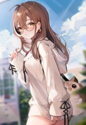 Rule 34 | 1girl, ahoge, bare legs, blurry, blurry background, blush, bottomless, brown eyes, brown hair, cloud, day, earrings, glasses, highres, hololive, hololive english, hood, hooded jacket, hoodie, jacket, jewelry, koahri, long hair, long sleeves, looking at viewer, multicolored hair, naked hoodie, naked jacket, nanashi mumei, nanashi mumei (casual), no panties, no pants, official alternate costume, official alternate hairstyle, outdoors, parted lips, sky, solo, streaked hair, very long hair, virtual youtuber