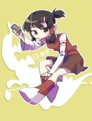 Rule 34 | 1girl, black eyes, black hair, black skirt, can, character name, cili (cookie), commentary request, cookie (touhou), full body, hair ornament, hair tubes, hairpin, hakurei reimu, highres, holding, holding can, jacket, looking at viewer, odennoden, ponytail, red jacket, red socks, short hair, short ponytail, skirt, socks, solo, touhou, twitter username, yellow background, zipper