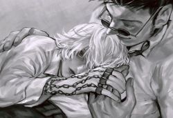Rule 34 | 2boys, bad id, bad twitter id, chain, collared shirt, commentary, eye contact, fingernails, grey background, greyscale, hand on another&#039;s shoulder, holding hands, hunter x hunter, jewelry, kurapika, leorio paladiknight, lips, long sleeves, looking at another, looking down, looking up, lying, male focus, monochrome, multiple boys, necktie, on side, pants, parted lips, ring, shirt, shirt tucked in, short hair, simple background, smile, sunglasses, umi (k mpk), upper body, yaoi