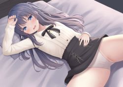 Rule 34 | 1girl, arm up, bed, black hair, black skirt, blue eyes, collared shirt, frown, hair ribbon, hand on own stomach, high-waist skirt, karutamo, long hair, looking at viewer, lying, miniskirt, neck ribbon, on back, on bed, open mouth, original, panties, pillow, rakugaki-chan, ribbon, shirt, skirt, solo, spread legs, thighs, two side up, underwear, v-shaped eyebrows, white panties, white shirt