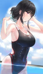 Rule 34 | 1girl, armpits, bare arms, bare shoulders, black hair, black one-piece swimsuit, blue sky, blurry, breasts, cleavage, cloud, competition swimsuit, cowboy shot, day, hair ribbon, hands up, highres, holding, kfr, large breasts, long hair, looking away, one-piece swimsuit, original, outdoors, purple eyes, ribbon, sidelocks, sky, solo, sunlight, swimsuit, thighs, wading, water