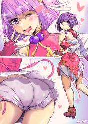 Rule 34 | 1girl, asamiya athena, clothes lift, heart, one eye closed, ori tsuki, panties, psycho soldier, purple eyes, purple hair, skirt, skirt lift, smile, snk, sparkle, the king of fighters, underwear, white panties, wink