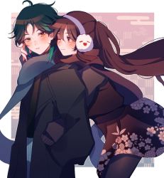 Rule 34 | 1boy, 1girl, ahoge, black coat, black hair, black sash, blue pants, blue scarf, blush, brown dress, brown hair, brown pantyhose, brown sweater, closed mouth, coat, commentary, dress, earmuffs, english commentary, floral print, genshin impact, gradient hair, green hair, highres, hu tao (genshin impact), hug, hug from behind, irkg gi, long hair, long sleeves, looking at another, multicolored hair, pants, pantyhose, parted lips, red eyes, red scarf, sash, scarf, sidelocks, smile, sweater, twintails, very long hair, winter clothes, xiao (genshin impact), yellow eyes