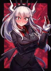 Rule 34 | 1girl, black jacket, black pants, blazer, blush, breast hold, breasts, champagne flute, cowboy shot, cup, demon girl, demon horns, demon tail, drinking glass, embarrassed, full-face blush, gloves, helltaker, highres, holding, horns, jacket, kuroi susumu, large breasts, long hair, long sleeves, looking at viewer, lucifer (helltaker), mole, mole under eye, necktie, pants, red background, red eyes, red shirt, shirt, solo, tail, tiara, undershirt, v-shaped eyebrows, white gloves, white hair