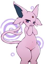Rule 34 | 1girl, :3, absurdres, animal ears, animal hands, artist name, blush, body fur, bright pupils, closed mouth, creatures (company), dated, espeon, extra breasts, female focus, flat chest, forked tail, furry, furry female, game freak, gen 2 pokemon, groin, half-closed eyes, hands up, happy, highres, ingi, knees together feet apart, looking at viewer, navel, nintendo, nipples, nose blush, own hands together, personification, pink fur, pokemon, pokemon (creature), purple eyes, signature, smile, solo, standing, stomach, tail, thick thighs, thighs, white background, white pupils, wide hips