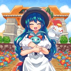 Rule 34 | 1girl, :d, black headwear, blue hair, chimecho, closed eyes, commission, commissioner upload, creatures (company), flower, food, frills, fruit, game freak, gen 3 pokemon, highres, hinanawi tenshi, holding, holding pokemon, leaf, long hair, looking at viewer, nintendo, open mouth, peach, pmx, pokemon, pokemon (creature), red eyes, shirt, short sleeves, skeb commission, skirt, smile, swablu, touhou