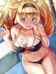 Rule 34 | 1girl, alternate costume, bare arms, bare shoulders, between breasts, bikini, black bikini, blonde hair, blue eyes, blush, breasts, cleavage, collarbone, commentary request, food, food on body, food on breasts, front-tie bikini top, front-tie top, gambier bay (kancolle), hair between eyes, hairband, highres, holding, holding food, ice cream, ice cream cone, kantai collection, large breasts, long hair, navel, nose blush, open mouth, outdoors, side-tie bikini bottom, signature, soba chatarou (tita), solo, string bikini, swimsuit, tearing up, tears, twintails