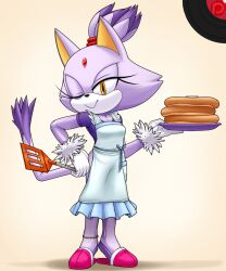 Rule 34 | 1girl, animal ears, apron, blaze the cat, cat ears, cat girl, cat tail, eyelashes, food, forehead jewel, fur-trimmed gloves, fur trim, gloves, hand on own hip, highres, holding, holding plate, looking at viewer, marthedog, one eye closed, pancake, pancake stack, plate, ponytail, purple fur, purple shirt, shirt, slippers, smile, sonic (series), tail, white gloves, yellow eyes