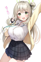 Rule 34 | 1girl, arm up, black gloves, blue archive, breasts, button gap, collared shirt, commentary, cowboy shot, dress shirt, duplicate, fingerless gloves, gloves, green eyes, hair bun, halo, highres, id card, jacket, lanyard, large breasts, long hair, looking at viewer, narrow waist, nonomi (blue archive), open collar, open mouth, oryo (oryo04), pixel-perfect duplicate, plaid, plaid skirt, pleated skirt, see-through, shirt, shirt tucked in, simple background, single hair bun, skirt, smile, solo, swept bangs, tareme, tented shirt, white background, white shirt, yellow jacket
