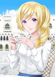 Rule 34 | 1girl, alicia florence, aria (manga), artist name, blonde hair, blue skirt, blue sky, blurry, blurry background, braid, braided ponytail, breasts, closed mouth, collarbone, collared shirt, commission, cup, day, earrings, eyelashes, hair over shoulder, hands up, holding, holding cup, jewelry, long hair, looking at viewer, medium breasts, official alternate costume, outdoors, piazza san marco, purple eyes, shirt, sidelocks, signature, sitting, skeb commission, skirt, sky, solo, telaform, upper body, white shirt