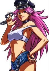 Rule 34 | artist request, blue eyes, bracelet, breasts, capcom, choker, cuffs, cutoffs, denim, denim shorts, final fight, hand on own hip, handcuffs, hat, jewelry, large breasts, lipstick, lowres, makeup, midriff, navel, off shoulder, peaked cap, pink hair, poison (final fight), short shorts, shorts, street fighter, tank top