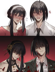 Rule 34 | 1boy, 1girl, absurdres, black hair, blood, blood on clothes, blood on face, blood splatter, blush, brother and sister, collared shirt, dress, glaring, ha ze, highres, looking at viewer, necktie, red background, red eyes, shaded face, shirt, siblings, simple background, sweatdrop, white background