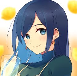 Rule 34 | 1girl, blue eyes, blue hair, blue sweater, blurry, blurry background, blush, cup, dress, drink, drinking straw, earrings, food, fruit, hair down, highres, ice, ice cube, jewelry, kantai collection, lemon, long hair, looking at viewer, official alternate costume, smile, solo, souryuu (kancolle), sweater, upper body, yukichi (eikichi)