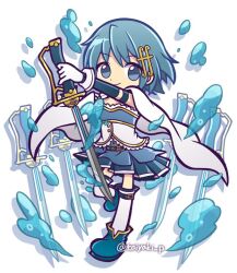 Rule 34 | 1girl, belt, blue belt, blue eyes, blue footwear, blue hair, blue skirt, cape, closed mouth, doradorakingyo, fortissimo, full body, gloves, hair ornament, holding, holding sword, holding weapon, looking at viewer, mahou shoujo madoka magica, mahou shoujo madoka magica (anime), miki sayaka, musical note, musical note hair ornament, parody, pleated skirt, puyopuyo, puyopuyo quest, shirt, short hair, skirt, smile, solo, soul gem, style parody, sword, thighhighs, twitter username, weapon, white background, white cape, white gloves, white shirt, white thighhighs