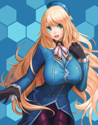 Rule 34 | 10s, 1girl, :d, atago (kancolle), black gloves, blonde hair, blue background, blue eyes, breasts, gloves, hat, kantai collection, large breasts, long hair, open mouth, pantyhose, phamoz, smile, solo