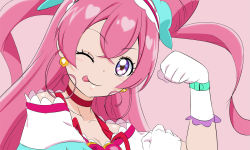 Rule 34 | 1girl, ;p, breasts, choker, cleavage, collarbone, cone hair bun, cure precious, delicious party precure, fuchi (nightmare), gloves, hair bun, long hair, looking at viewer, magical girl, medium breasts, nagomi yui, one eye closed, pink background, pink choker, portrait, precure, simple background, smile, solo, tongue, tongue out, white gloves