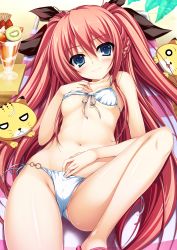 Rule 34 | 1girl, :&lt;, absurdres, akatsuki no goei, belly, bikini, bikini top lift, blue eyes, braid, breasts, cameltoe, cat, chair, clothes lift, front-tie bikini top, front-tie top, groin, hair ribbon, half updo, hand on own chest, hand on own stomach, highres, long hair, lounge chair, lying, navel, nikaidou reika, o-ring, o-ring bottom, o o, on back, parfait, red hair, ribbon, scan, side-tie bikini bottom, small breasts, solo, spread legs, swimsuit, thighs, tomose shunsaku, two side up, underboob, very long hair, white bikini