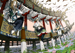 Rule 34 | 3girls, architecture, bird, blunt bangs, boots, bow (music), bridge, brown hair, closed eyes, denim, dress, drum, east asian architecture, flower, foot dangle, hat, instrument, isuzu, isuzu (uzushi), jeans, layered skirt, lily pad, long hair, long sleeves, looking afar, lotus, lute (instrument), multiple girls, music, open mouth, original, pale skin, pants, pier, playing instrument, puffy pants, short hair, sitting, skirt, slippers, twintails, water