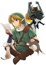 Rule 34 | armor, blue eyes, brown hair, cat, chainmail, colored skin, earrings, full body, gloves, hat, headpat, helmet, jewelry, link, midna, multicolored skin, nintendo, one eye covered, pointy ears, red eyes, shield, shield on back, simple background, sitting, the legend of zelda, the legend of zelda: twilight princess, two-tone skin, white background, yukagen