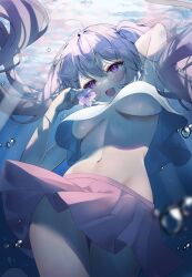 Rule 34 | 1girl, arm behind head, arm up, breasts, cowboy shot, crop top, crop top overhang, flower, freediving, hand up, highres, holding, large breasts, long hair, looking at viewer, midriff, miniskirt, navel, open mouth, original, pink skirt, pleated skirt, purple eyes, purple hair, shirt, skirt, smile, solo, stomach, thighs, tsukimiya sara, twintails, underboob, underwater, white shirt