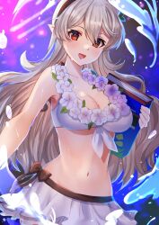 Rule 34 | 1girl, bikini, bikini skirt, black hairband, book, breasts, cleavage, commentary request, corrin (female) (fire emblem), corrin (female) (summer) (fire emblem), corrin (fire emblem), edamameoka, fire emblem, fire emblem fates, fire emblem heroes, flower, flower necklace, front-tie bikini top, front-tie top, hair between eyes, hair flower, hair ornament, hairband, hibiscus, highres, holding, holding book, jewelry, large breasts, lei, long hair, looking at viewer, navel, necklace, nintendo, official alternate costume, open mouth, pointy ears, red eyes, smile, solo, swimsuit, white bikini, white hair