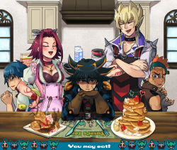 Rule 34 | 1girl, 4boys, annoyed, apron, bad food, blackwing gale the whirlwind, blonde hair, blue hair, breasts, bruno, bruno (yu-gi-oh!), cleavage, crossed arms, crow hogan, dark resonator, duel monster, earrings, english text, fingerless gloves, flower, food, fork, fruit, fudo yusei, gloves, hands on own hips, izayoi aki, jack atlas, jacket, jewelry, kitchen, knife, mayday, milk, multicolored hair, multiple boys, necklace, orange hair, red flower, red hair, red rose, rose, scared, short hair, sonic chick, spiked hair, strawberry, streaked hair, sweatdrop, tattoo, yu-gi-oh!, yu-gi-oh! 5d&#039;s