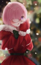 Rule 34 | 1girl, alternate costume, black-framed eyewear, blurry, blurry background, blush, bow, bowtie, cape, capelet, christmas, christmas tree, commentary request, dress, fate/grand order, fate (series), fur-trimmed cape, fur-trimmed gloves, fur-trimmed sleeves, fur trim, glasses, gloves, green bow, green bowtie, hair over one eye, harukappa, highres, hood, hood down, hooded capelet, long sleeves, mash kyrielight, mittens, one eye covered, pink hair, purple eyes, red cape, red dress, red gloves, short hair, snowing, solo, standing, winter