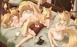Rule 34 | 3girls, ahoge, animal ear fluff, animal ears, arknights, ass, aunt and niece, bare arms, bare legs, bare shoulders, barefoot, bed, bed sheet, black ribbon, blemishine (arknights), blonde hair, blue eyes, blunt bangs, book, bow, breasts, bright pupils, brown dress, brown eyes, cleavage, closed mouth, clothing cutout, collarbone, commentary, dress, feet, feet up, from above, hair bow, hair ribbon, hand mirror, hand on own cheek, hand on own face, highres, holding, holding book, horse ears, horse girl, horse tail, indoors, large breasts, leg up, long hair, looking at viewer, looking back, looking up, loungewear, lying, mirror, multiple girls, nearl (arknights), nev (nevblindarts), nightgown, on bed, on stomach, open book, orange eyes, paid reward available, phone, ponytail, ribbon, short dress, siblings, sideboob, sisters, sitting, sleeveless, sleeveless dress, smile, spaghetti strap, tail, tail through clothes, very long hair, whislash (arknights), yokozuwari