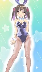 Rule 34 | 1girl, animal ears, bare shoulders, black hair, blue bow, blue bowtie, bow, bowtie, breasts, bright pupils, colored inner hair, fake animal ears, hair ribbon, hand on own arm, highres, legs apart, leotard, light purple hair, looking at viewer, medium breasts, medium hair, mizumori keiichi, multicolored eyes, multicolored hair, onii-chan wa oshimai!, open mouth, oyama mihari, pantyhose, pink pantyhose, pink ribbon, playboy bunny, purple leotard, rabbit ears, rainbow background, red eyes, ribbon, solo, standing, star (symbol), strapless, strapless leotard, twintails, two-tone hair, white wrist cuffs, wrist cuffs, yellow eyes