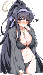 Rule 34 | 1girl, alternate breast size, bikini, black bikini, black hair, blue archive, blue hairband, blush, breasts, cardigan, cleavage, cropped, grey cardigan, hairband, halo, high ponytail, highres, jewelry, large breasts, long hair, long sleeves, looking at viewer, machismo fuji, navel, necklace, open cardigan, open clothes, open mouth, purple eyes, solo, swimsuit, ui (blue archive), ui (swimsuit) (blue archive)