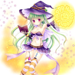 Rule 34 | 1girl, bad id, bad pixiv id, blush, book, breasts, cleavage, garter straps, green hair, halloween, hat, highres, long hair, looking at viewer, magic circle, mizuse ruka, original, red eyes, smile, solo, striped clothes, striped thighhighs, thighhighs, witch hat