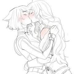 Rule 34 | 286456006, 2girls, animal ears, arm around waist, blake belladonna, blush, breasts, cat ears, cleavage, closed eyes, freckles, from side, hug, jacket, kiss, long hair, medium hair, multiple girls, profile, rwby, simple background, sketch, spot color, white background, yang xiao long, yuri