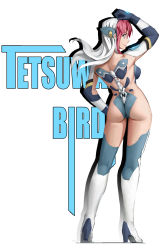 Rule 34 | 1girl, ass, birdy cephon altera, boots, breasts, closed mouth, elbow gloves, gloves, green eyes, highres, long hair, looking at viewer, medium breasts, multicolored hair, pink hair, smile, solo, tetsuwan birdy decode, thigh boots, thighhighs, two-tone hair, white background, white hair, youguang liangliang