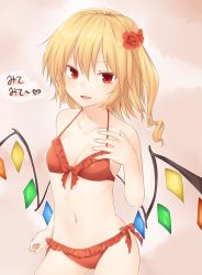 Rule 34 | 1girl, :d, bare arms, bare shoulders, bikini, blonde hair, breasts, brown background, cleavage, commentary request, cowboy shot, crystal, flandre scarlet, flower, hair between eyes, hair flower, hair ornament, halterneck, hand up, heart, hibiscus, highres, long hair, looking at viewer, miyo (ranthath), navel, no headwear, one side up, open mouth, red bikini, red eyes, small breasts, smile, solo, standing, stomach, swimsuit, touhou, translated, wings