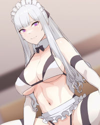Rule 34 | 1girl, ak-12 (girls&#039; frontline), bare shoulders, bikini, blurry, blurry background, blush, breasts, cleavage, close-up, collarbone, detached collar, elbow gloves, frills, girl on top, girls&#039; frontline, gloves, kageshio (276006), large breasts, long hair, maid headdress, microskirt, navel, purple eyes, sidelocks, silver hair, skirt, smile, swimsuit, thighhighs, thighs, white bikini, white gloves, white thighhighs