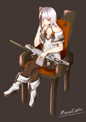 Rule 34 | 1girl, assault rifle, bare shoulders, bayonet, black hair, black thighhighs, blunt bangs, boots, breasts, brown background, chair, cleavage, closed mouth, collarbone, crossed legs, destiny (game), dress, e draw paint, full body, gun, hand up, head rest, highres, holding, holding gun, holding weapon, knee boots, long hair, looking at viewer, looking to the side, monte carlo (destiny), multicolored hair, off-shoulder dress, off shoulder, orange eyes, personification, print dress, print thighhighs, rifle, signature, simple background, sitting, small breasts, solo, streaked hair, thighhighs, weapon, white dress, white footwear, white hair