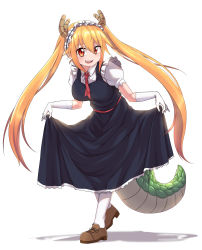 Rule 34 | 10s, 1girl, absurdres, blonde hair, breasts, caibao return, clothes lift, curtsey, dragon girl, dragon horns, dragon tail, dress, dress lift, fang, full body, gloves, highres, horns, kobayashi-san chi no maidragon, long hair, looking at viewer, maid, maid headdress, medium breasts, monster girl, necktie, red eyes, red necktie, sash, scales, shoes, short sleeves, skirt hold, slit pupils, smile, solo, standing, tail, tohru (maidragon), twintails, white background, white gloves, white legwear