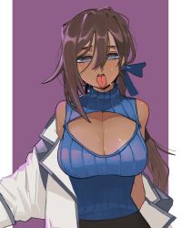 Rule 34 | 1girl, bbizim03, black survival, blue eyes, blue ribbon, blue sweater, blush, breasts, brown hair, cathy huggins, cleavage, cleavage cutout, clothing cutout, coat, dark-skinned female, dark skin, eternal return: black survival, hair between eyes, hair ribbon, heart, heart-shaped pupils, highres, large breasts, long hair, meme attire, off shoulder, open-chest sweater, ribbed sweater, ribbon, simple background, sleeveless, sleeveless sweater, solo, sweat, sweater, symbol-shaped pupils, tongue, tongue out, turtleneck, turtleneck sweater, white coat