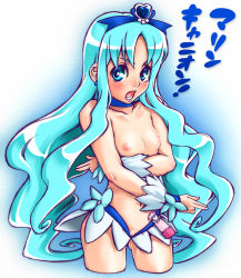 Rule 34 | 10s, 1girl, adapted costume, bilpei fc kaichou, blue eyes, blue hair, blue theme, blush, bottomless, breasts, choker, cure marine, heartcatch precure!, highres, kurumi erika, magical girl, matching hair/eyes, nipples, precure, pussy, pussy peek, skirt, small breasts, solo, topless, uncensored