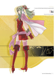 Rule 34 | 1girl, absurdres, boots, bracelet, cape, character name, fire emblem, fire emblem awakening, full body, garter straps, gloves, green eyes, green hair, hair ornament, hair ribbon, high heel boots, high heels, highres, interlocked fingers, jewelry, kozaki yuusuke, long hair, nintendo, official art, page number, pink thighhighs, pointy ears, ponytail, ribbon, sash, shoes, simple background, solo, standing, thigh boots, thighhighs, thighhighs under boots, tiki (adult) (fire emblem), tiki (fire emblem)