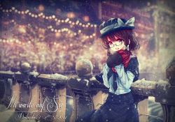 Rule 34 | 1girl, 2014, absurdres, artist name, black hat, blurry, bow, breath, bridge, brown eyes, brown hair, city, cityscape, cold, daikazoku63, dated, depth of field, german text, glasses, gloves, hair bow, hat, highres, lens flare, open mouth, outdoors, own hands together, scarf, scenery, semi-rimless eyewear, skirt, snow, snowing, solo, touhou, translated, under-rim eyewear, usami renko, water, winter, winter clothes