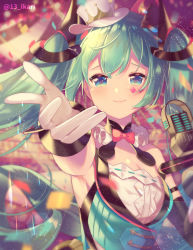 Rule 34 | 1girl, aqua eyes, aqua hair, armpits, bare shoulders, blurry, blurry background, bow, bowtie, breasts, collar, commentary, confetti, depth of field, diamond (shape), dress, facial tattoo, frilled collar, frills, gloves, hair ornament, hat, hatsune miku, highres, ikari (aor3507), long hair, looking at viewer, magical mirai (vocaloid), magical mirai miku, magical mirai miku (2019), microphone, mini hat, mini top hat, outstretched hand, reaching, reaching towards viewer, small breasts, smile, solo, strapless, strapless dress, tattoo, top hat, twintails, twitter username, upper body, very long hair, vocaloid, white gloves, white hat