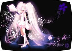 Rule 34 | 1girl, bad id, bad pixiv id, boots, closed eyes, detached sleeves, female focus, flower, full body, gradient background, hair flower, hair ornament, hatsune miku, knee boots, long hair, musical note, necktie, outstretched arm, pink hair, sakura miku, skirt, sleeves past wrists, solo, swordsouls, twintails, very long hair, vocaloid