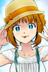 Rule 34 | :p, blouse, blue eyes, brown hair, face, hat, idolmaster, idolmaster (classic), long hair, shirt, smile, solo, stmp, takatsuki yayoi, tongue, tongue out, twintails, v