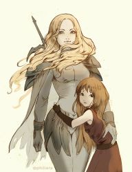Rule 34 | 2girls, black eyes, blonde hair, blue eyes, bodysuit, breasts, brown hair, clare (claymore), claymore (series), clenched hand, dress, floating hair, grey bodysuit, hand on another&#039;s back, long hair, medium breasts, multiple girls, parted lips, philiera, red dress, scared, smile, teresa (claymore)