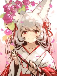 Rule 34 | 1girl, animal ear fluff, animal ears, blush, closed mouth, collarbone, flower, fox ears, hair ribbon, hands up, holding, japanese clothes, kimono, long hair, long sleeves, looking at viewer, original, patch, purple flower, purple rose, red eyes, red ribbon, ribbon, rose, silver hair, sketch, smile, solo, upper body, white kimono, wide sleeves, yuuji (yukimimi)