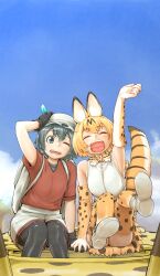 Rule 34 | 2girls, animal ears, animal print, ass, backpack, bag, black eyes, black gloves, black hair, black pantyhose, blonde hair, bow, bowtie, closed eyes, cloud, day, elbow gloves, full body, gloves, hat, highres, holding hands, japari bus, kaban (kemono friends), kemono friends, multiple girls, nujima, one eye closed, open mouth, pants, pantyhose, red shirt, serval (kemono friends), shirt, shoes, short hair, short sleeves, sitting, sky, smile, tail, thighhighs, white pants