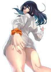 Rule 34 | 10s, 1girl, ass, black hair, blue eyes, bottomless, closed mouth, gridman universe, hand on own ass, highres, hip focus, hotate-chan, long hair, looking at viewer, looking back, parted lips, scrunchie, simple background, solo, ssss.gridman, sweater, takarada rikka, thick thighs, thighs, white background, white sweater, wrist scrunchie
